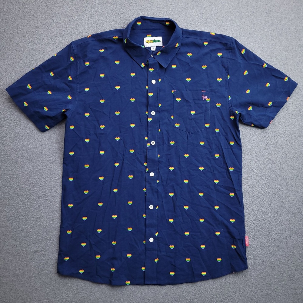 Tipsy Elves Button Up Mens Allover Print Heart Blue Rayon Short Sleeve